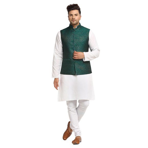 Sleeveless Traditional Brocade Silk Fabric Green Nehru Jacket by Treemoda - Picture 5 of 5